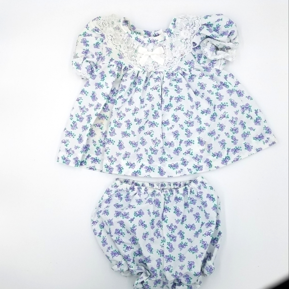 Vintage Little Miracles Dress Bloomer Lace Floral Flower Print Set 3-6m